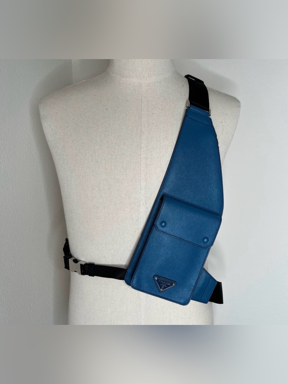 Prada Blue Leather Belt Sling Bag with Black Strap